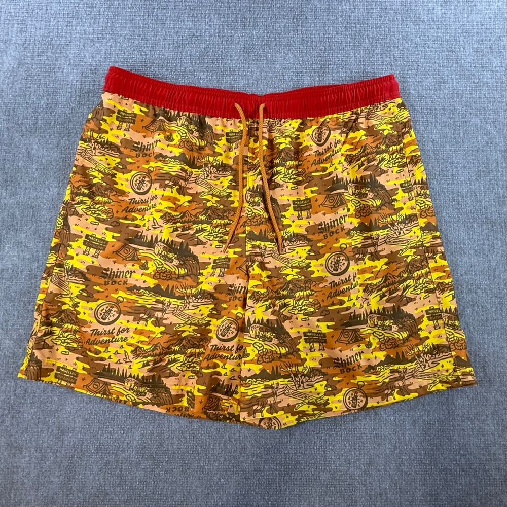 Magellan Outdoors Shiner Bock Beer Swim Trunks Mens XL Camo Thirst For Adventure